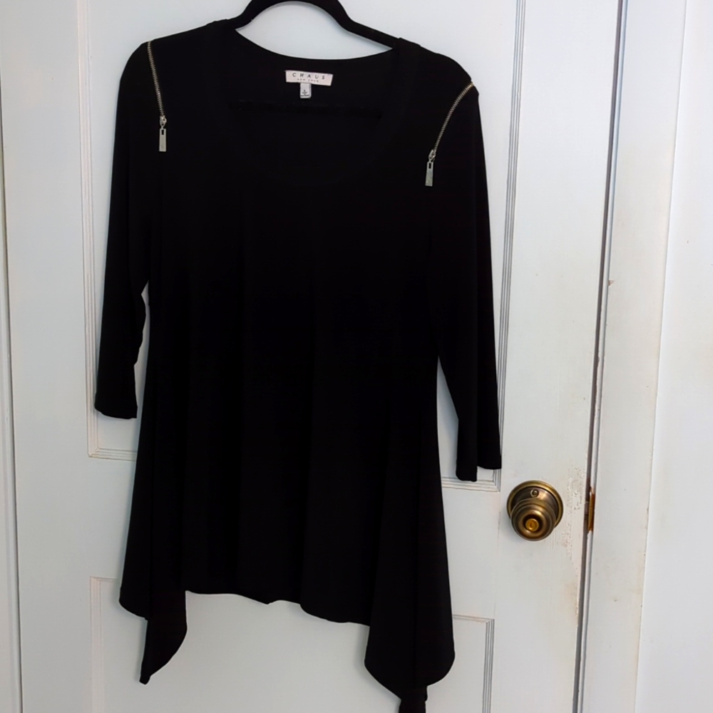 Chaus Sz L Rich Black Tunic Top with Silver Zipper Accents